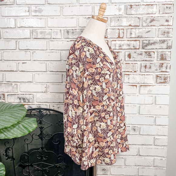 AVA & VIV Burgundy Tan Yellow Pink Floral Boho Flowy 3/4 Sleeve V-neck 1X - Picture 4 of 9